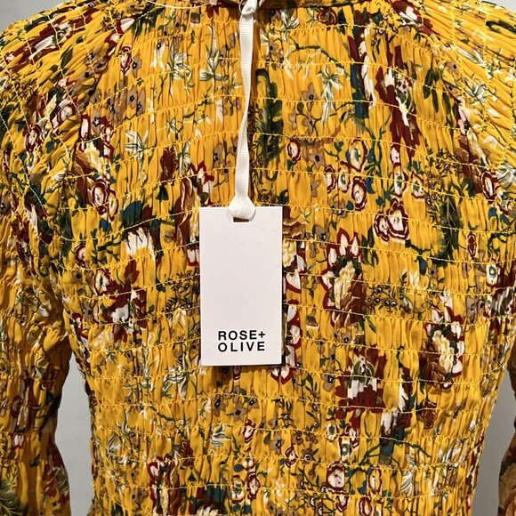 Rose & Olive Top Womens M Yellow Floral Smocked Peasant Blouse Tunic Boho Hippie - Picture 5 of 9